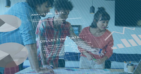 Image of data processing and diagrams over diverse colleagues discussing work in office