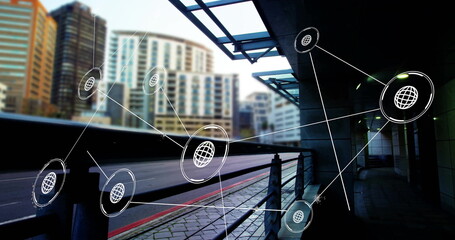 Image of network of connections with data processing over cityscape