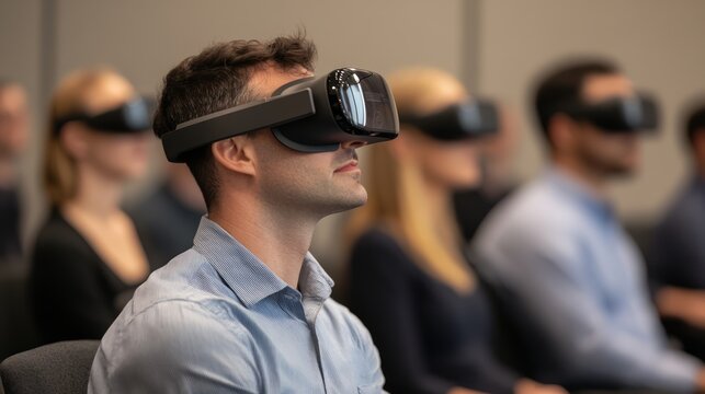 Young man and audience using virtual reality headsets during immersive technology seminar in modern conference room, engaged in digital experiences and innovative learning strategies.