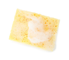 One yellow sponge with foam isolated on white, top view