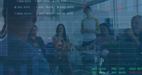 Image of financial data processing over diverse colleagues having meeting in office