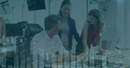 Image of financial data processing over diverse colleagues having meeting in office