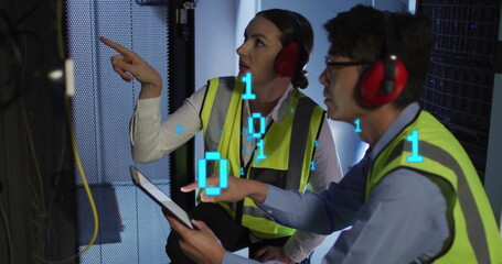 Image of data processing over diverse workers using tablet in server room