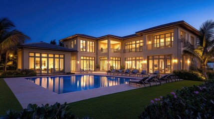 Fototapeta premium Luxury Waterfront Mansion at Dusk