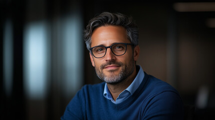 Obraz premium Confident man with glasses, smiling in professional setting, wearing blue sweater.