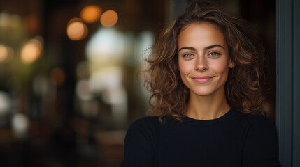 Obraz premium confident young woman with curly hair smiles warmly, showcasing her ambition and positivity in cozy setting.