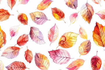 Watercolor painting of autumn leaves with a white background. The leaves are in various shades of orange and pink, and they are scattered throughout the painting