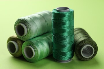 Spools of sewing threads on light green background, closeup
