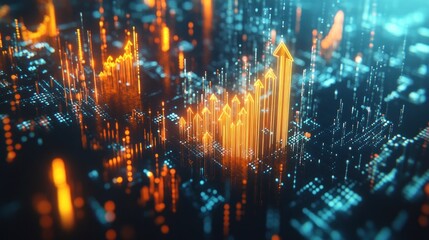 Abstract glowing orange arrows rising on a dark digital background, symbolizing growth and progress.