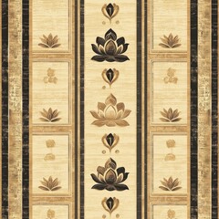 Decorative Lotus Pattern: Elegant and symmetrical repeating pattern features stylized lotus flowers, framed within vertical stripes, in a palette of earthy tones.