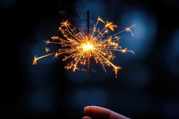 A bright burning sparkler held in a hand against a dark background, symbolizing celebration and joy.
