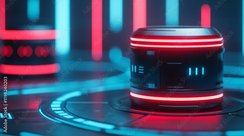 Poster futuristic technology background with neon lights and cylindrical objects in a sci-fi setting for di