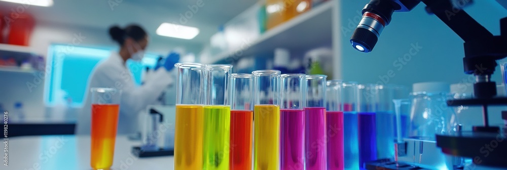 Poster laboratory setting with colorful test tubes and microscopes showcasing a scientist conducting experi