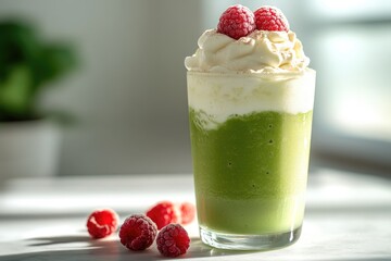 Refreshing matcha green tea frappe topped with whipped cream and fresh raspberries, a perfect summer treat.