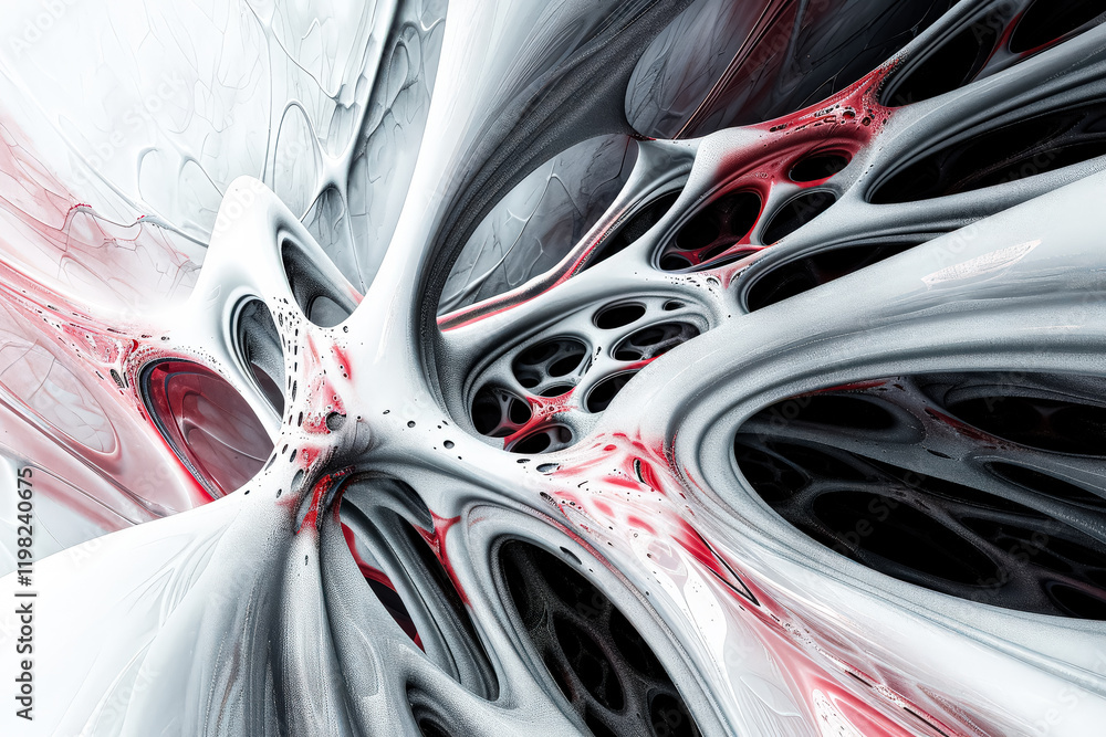 Poster very abstract image of a red and white swirl with a black background. the image is full of circles a