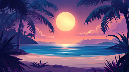 Obraz premium Peaceful evening on a tropical island beach with moonlight shining on the water , tropical, island, evening, moon, beach. moonshade. illustration. Moonshade. Illustration