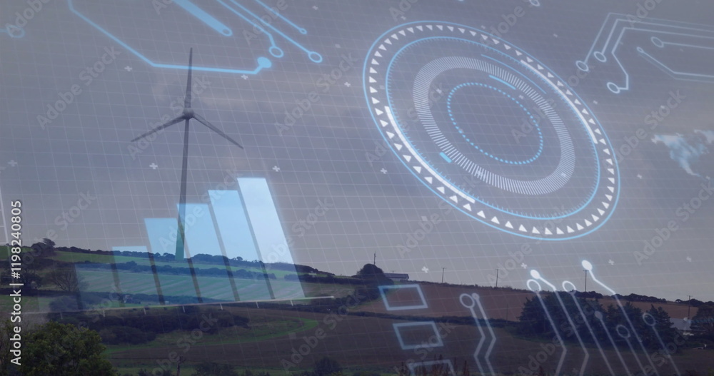 Poster wind turbine and landscape with futuristic data processing image