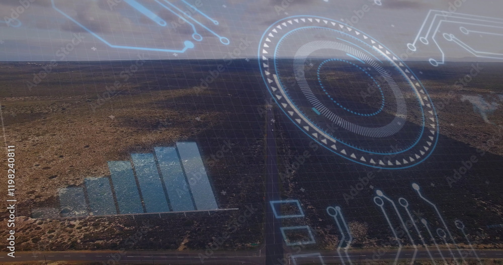 Poster digital interface elements and data processing image over aerial view of landscape