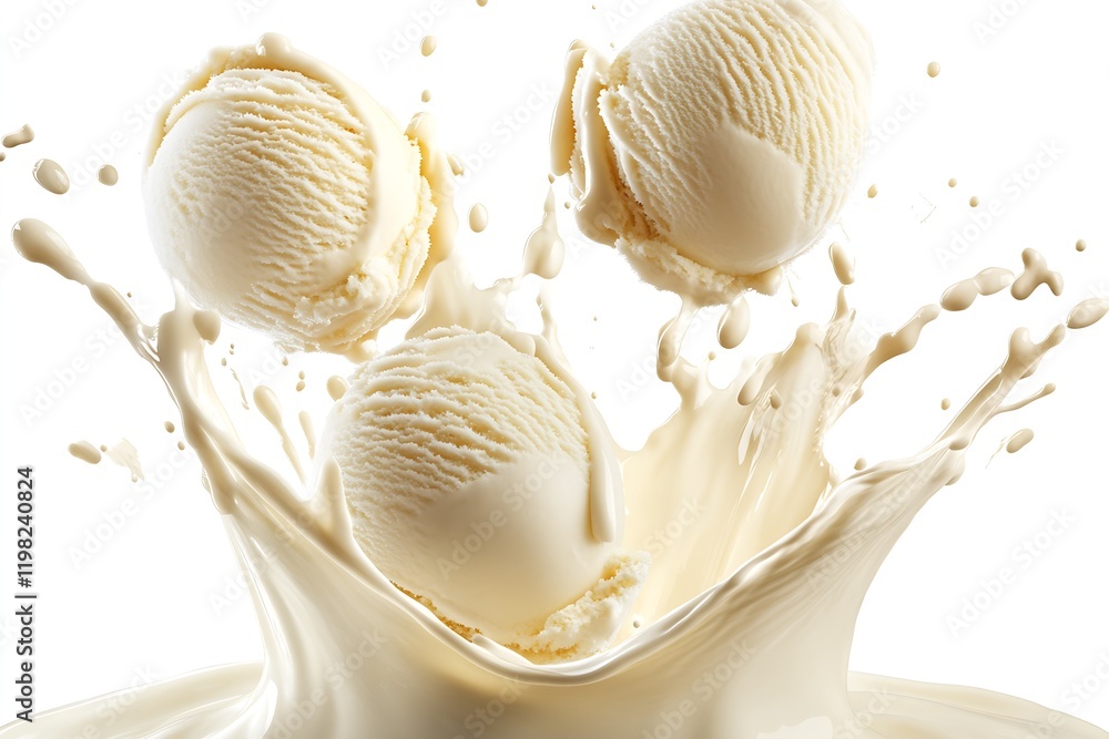 Leinwandbilder dramatic trio of ice cream scoops splashing into a wave of milk on clean background : generative ai