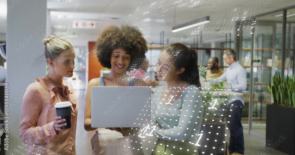 Poster image of binary coding data processing over diverse business people in office
