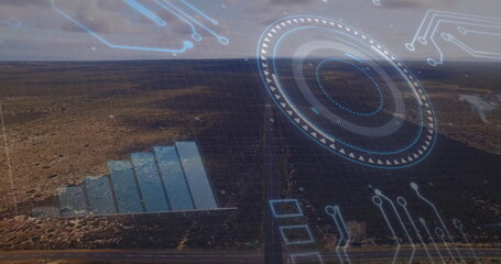 Digital interface elements and data processing image over aerial view of landscape