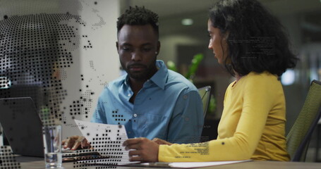 Image of world map and data processing over diverse business people in office