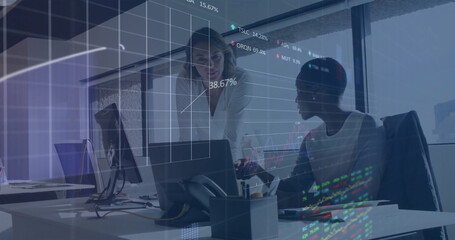 Image of financial data processing over diverse business people in office