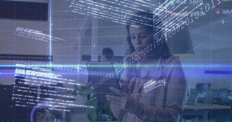Image of financial data processing over biracial businesswoman with tablet in office