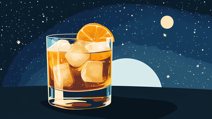 Photograph of a old fashioned drink recipe that has moonshine in it. moonshade. illustration. Moonshade. Illustration