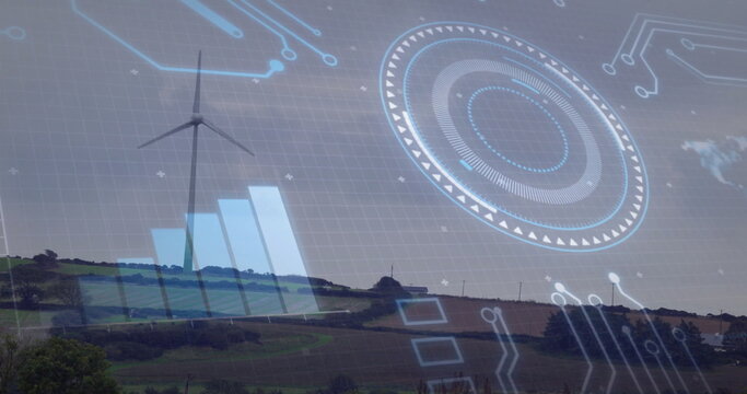 Wind turbine and landscape with futuristic data processing image