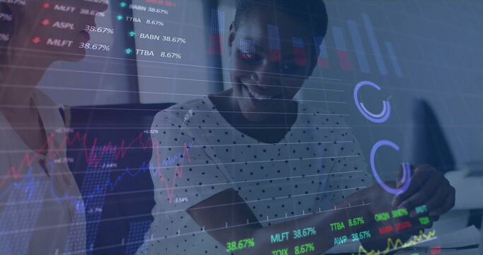 Image of financial data processing over diverse business people in office