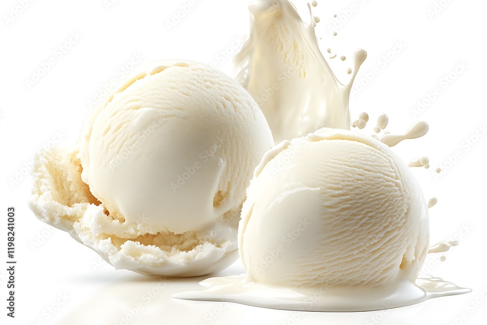 Poster two scoops of creamy vanilla ice cream splashing in liquid motion : generative ai