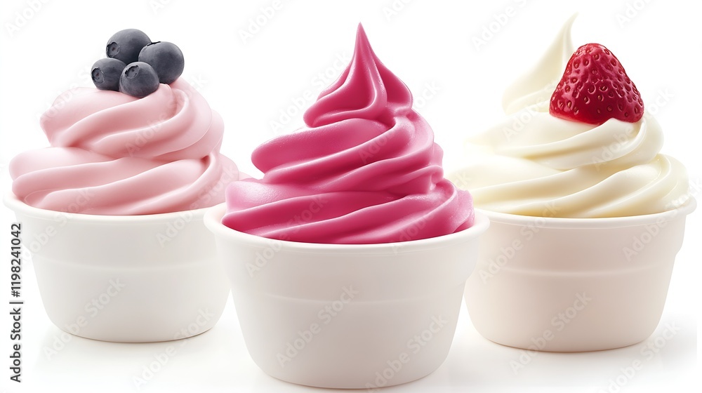 Poster three cups of berry yogurt with creamy swirls and mixed berry toppings : generative ai