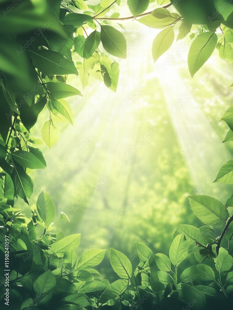 Poster sunlight filters through lush green leaves in a tranquil forest atmosphere. generative ai