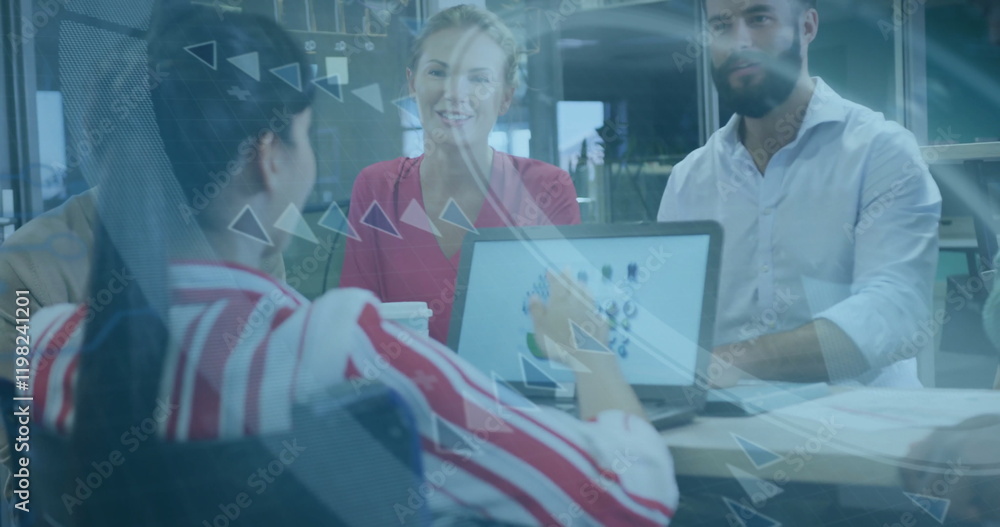 Poster image of data processing and scope scanning over diverse business people discussing work