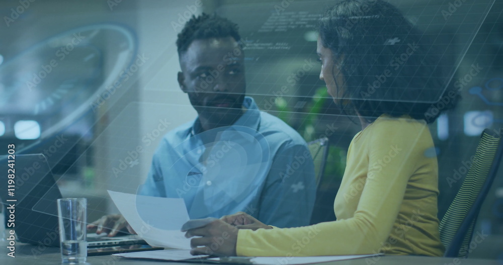 Poster image of data processing and diagrams over diverse business people discussing work