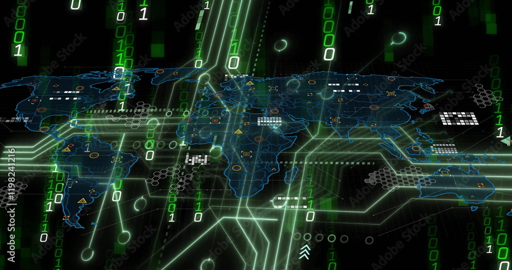 Poster image of data processing and diagrams over world map