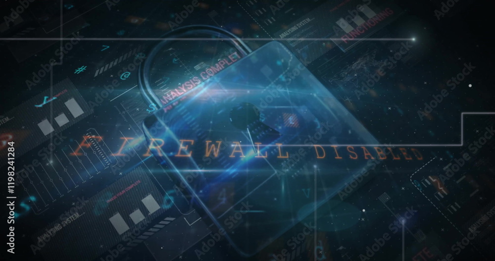Poster image of digital data processing and padlock on dark background