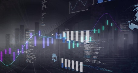 Image of data processing and diagrams over globes