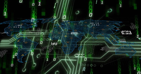 Image of data processing and diagrams over world map