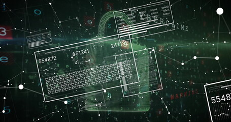 Image of digital data processing and padlock on dark background