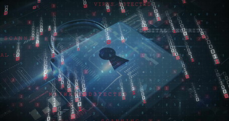 Image of binary coding, digital data processing and padlock on dark background