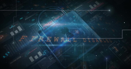 Image of digital data processing and padlock on dark background