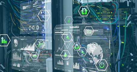 Image of globe and digital data processing over computer servers
