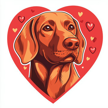 Redbone coonhound dog head inside a red heart, dog valentine graphic element