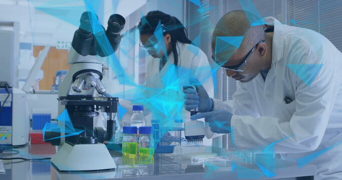 Image of network of connections over diverse scientists in laboratory