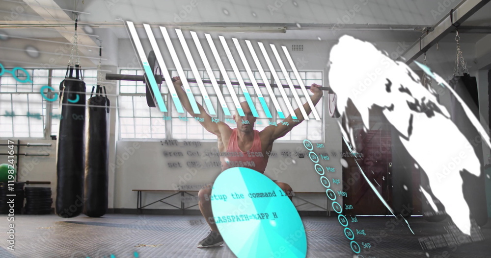 Poster image of charts and processing data over caucasian man lifting weights at gym