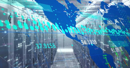 Image of data processing and world map over server room