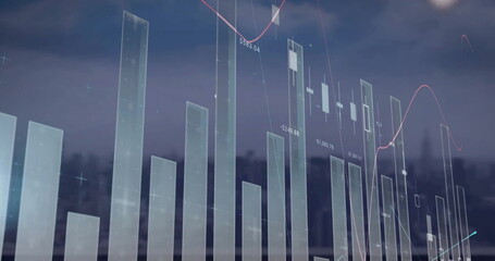 Image of data processing and diagrams over cityscape