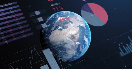 Image of data processing and diagrams over globe